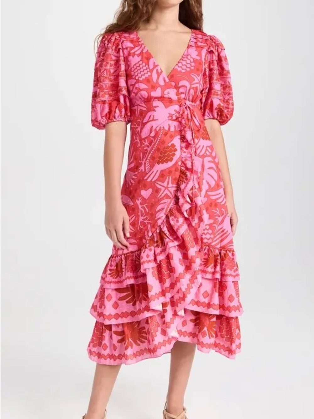 FARM Rio Pink & Coral Floral Wrap Midi Dress